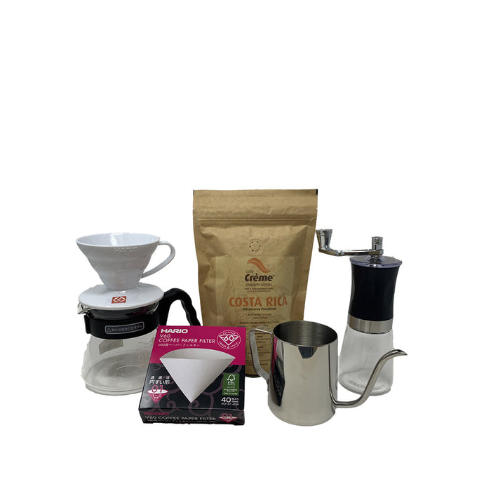 coffee box con metodo v60 e macinino caffè crème
